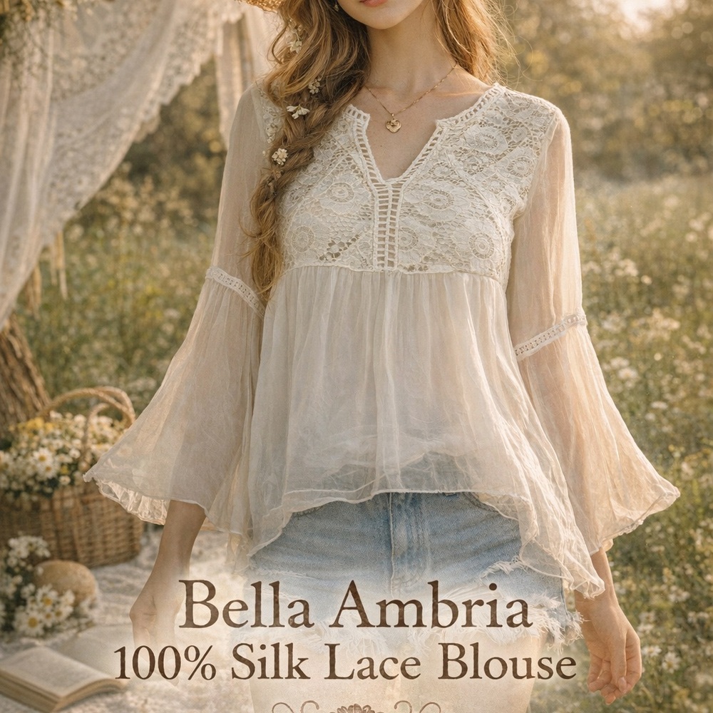 Bella Ambria 100% Silk Lace Blouse Medium Ivory Boho Sheer Bell Sleeve Italy